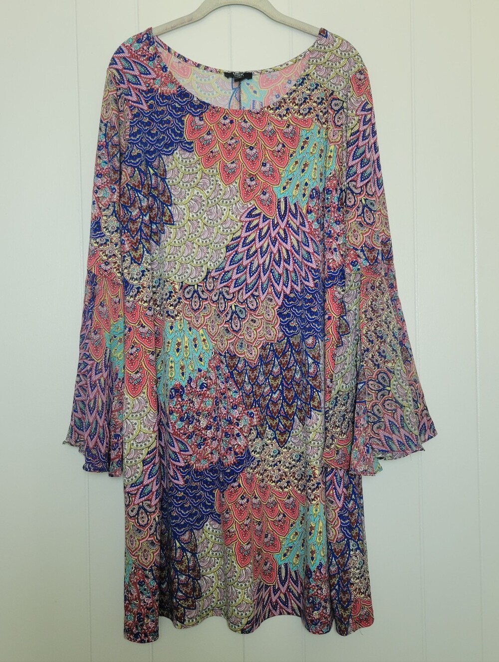 MSK Feather Print Dress Split Bell Sleeve Shift Multi Print Eclectic Peacock 2X